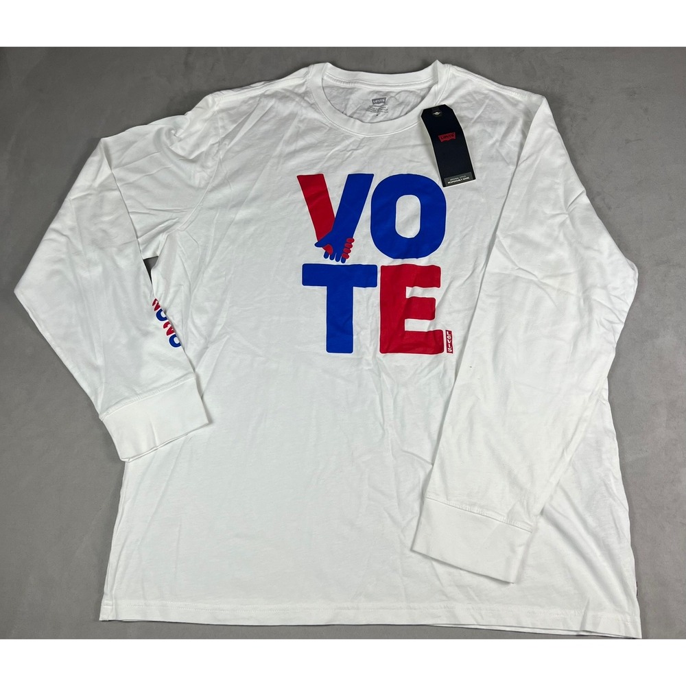 Levis Mens Vote Graphic Long Sleeve T-Shirt White‎ Red Blue Medium NWT